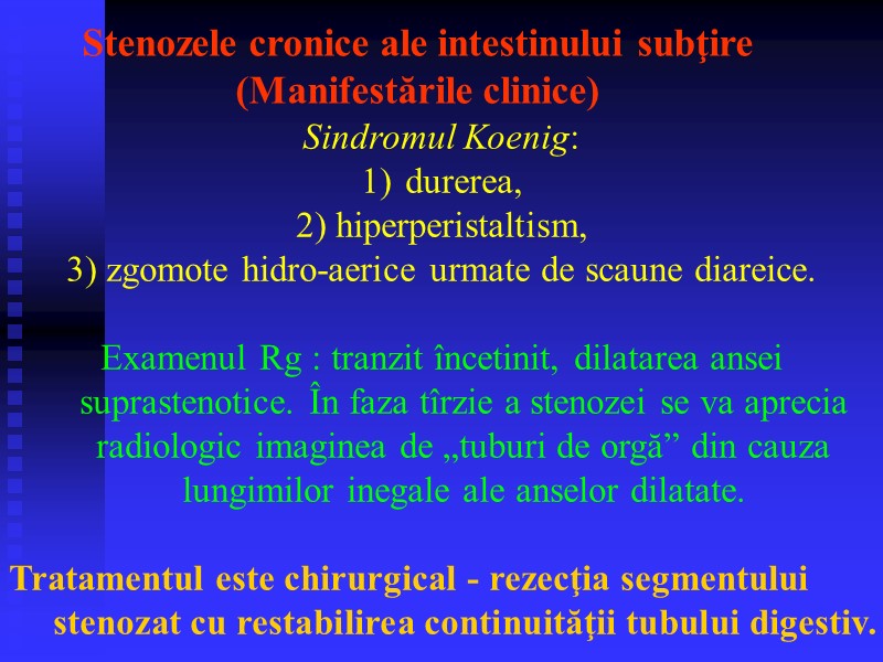 Stenozele cronice ale intestinului subţire (Manifestările clinice) Sindromul Koenig:  durerea,  2) hiperperistaltism,